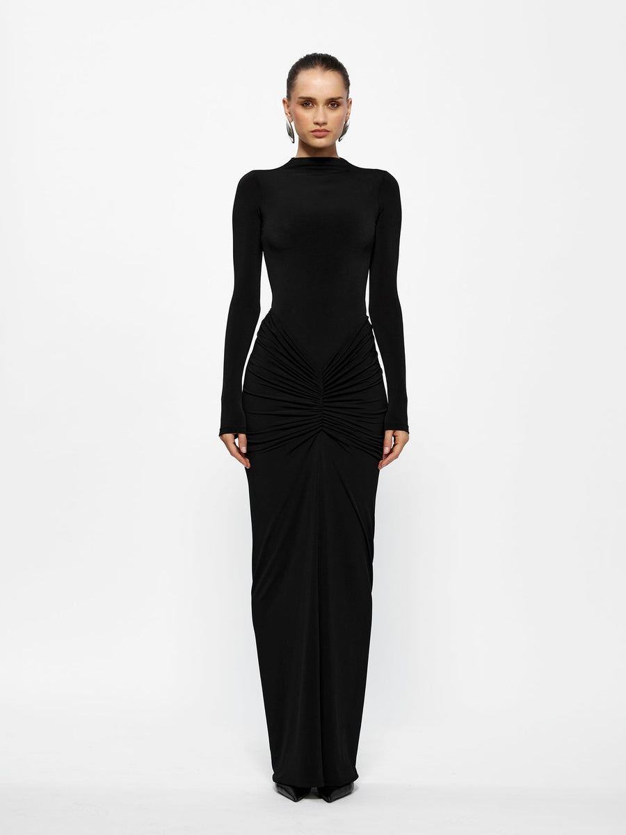 bodysuit dress black Sheer Embellished Bodysuit Corset Gown Dress in Black - 8 / Regular
